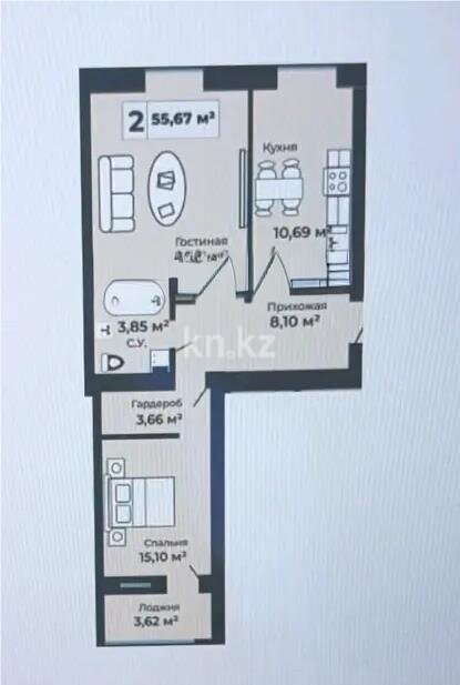 Продажа 2-комнатной квартиры, 55.6 м² в Астане