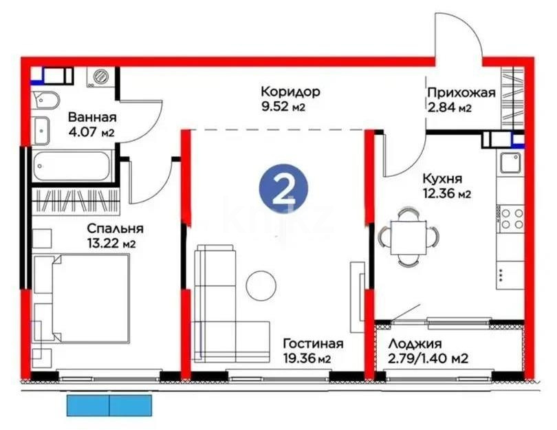 Продажа 2-комнатной квартиры, 62.77 м² в Алматы