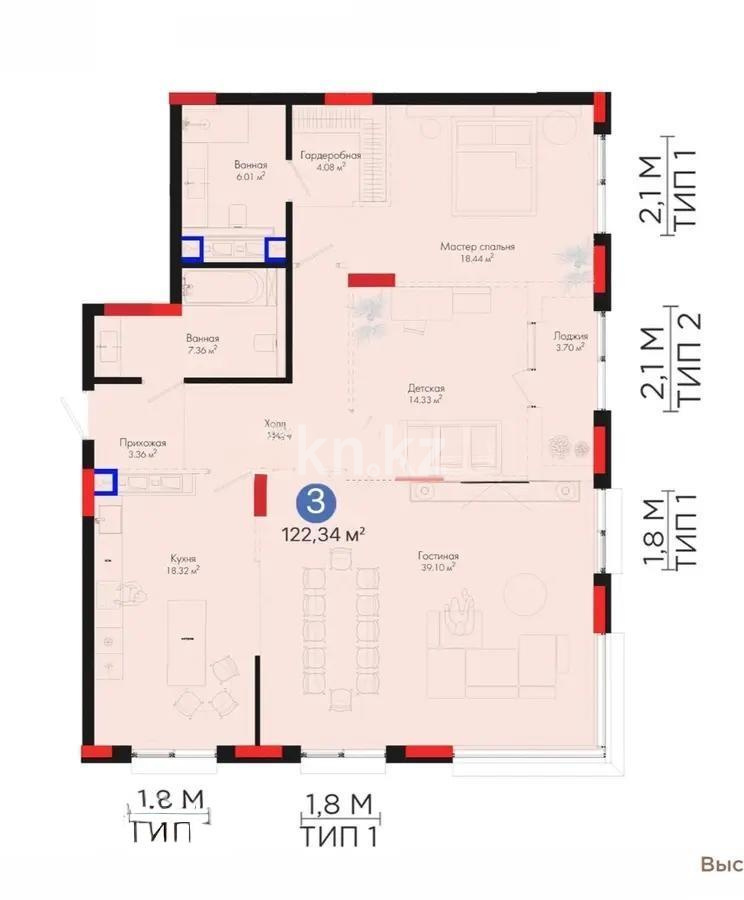 Продажа 3-комнатной квартиры, 124 м² в Астане
