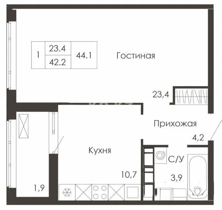 Продажа 1-комнатной квартиры, 44 м² в Астане