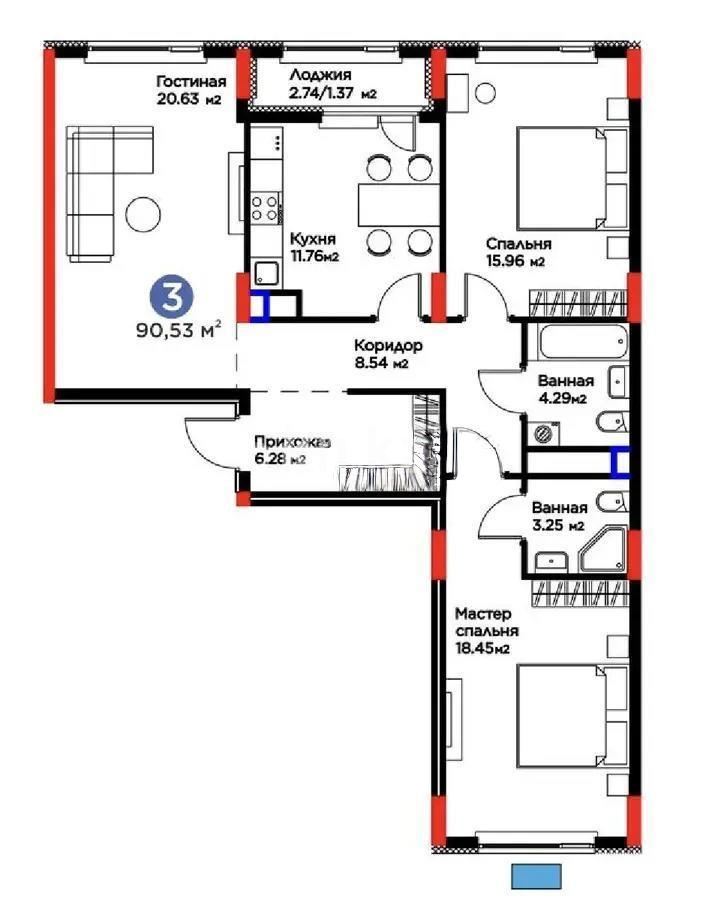 Продажа 3-комнатной квартиры, 90.53 м² в Астане