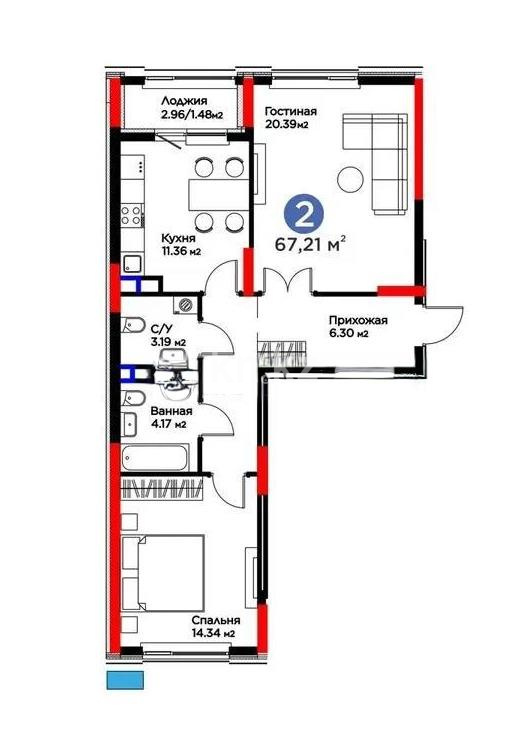 Продажа 2-комнатной квартиры, 67.21 м² в Астане