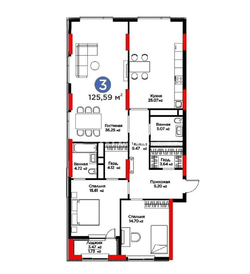 Продажа 3-комнатной квартиры, 125 м² в Астане