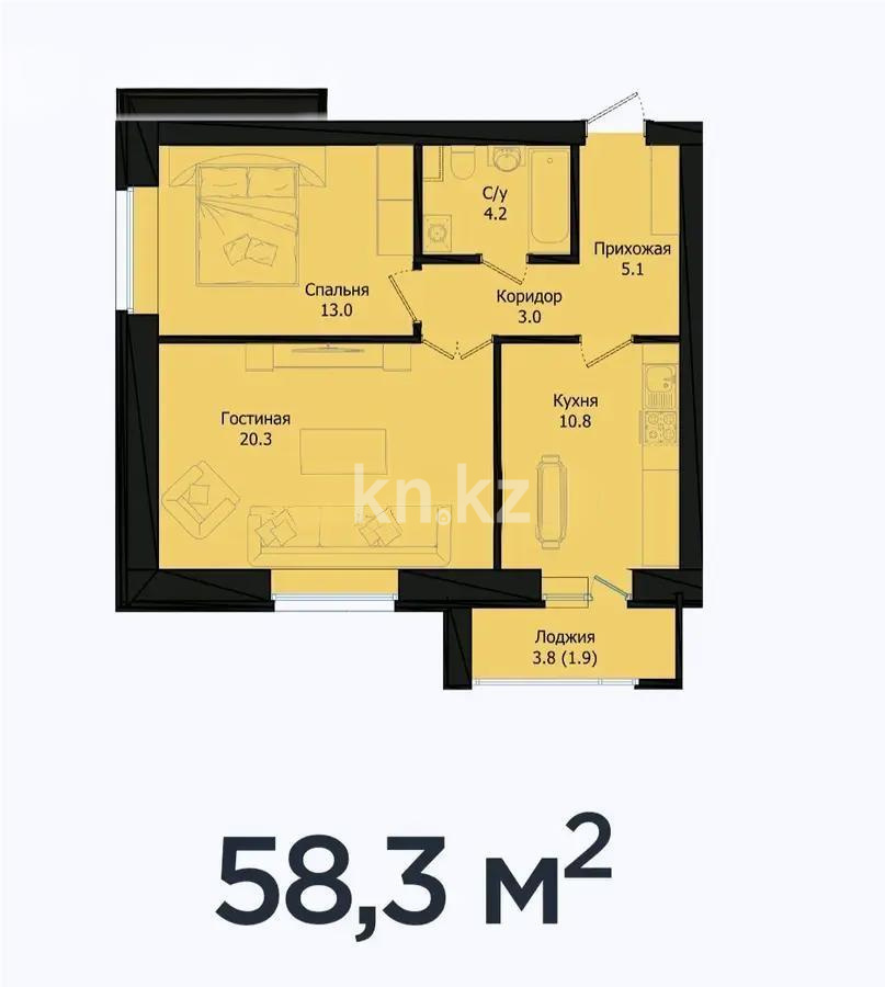 Продажа 2-комнатной квартиры, 58.3 м², ул. Баглановой, дом  23 стр в Астане