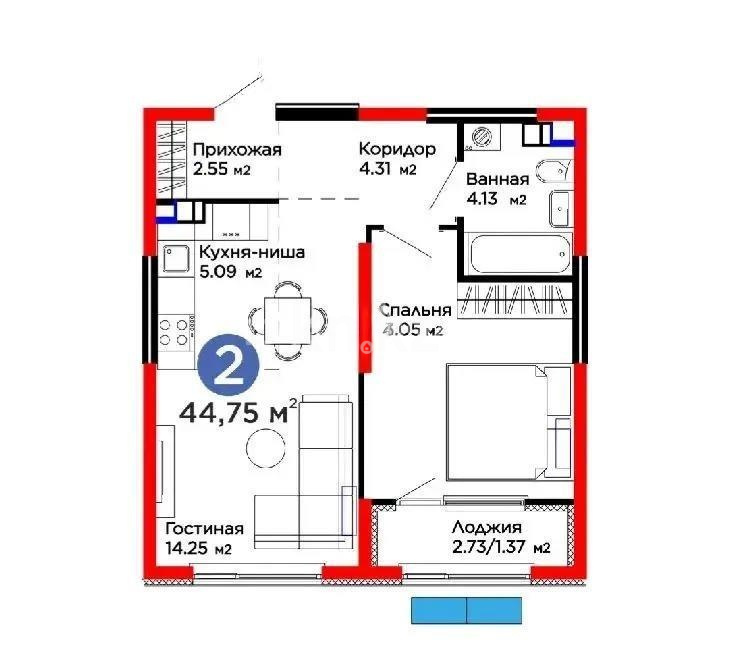 Продажа 2-комнатной квартиры, 45 м² в Алматы