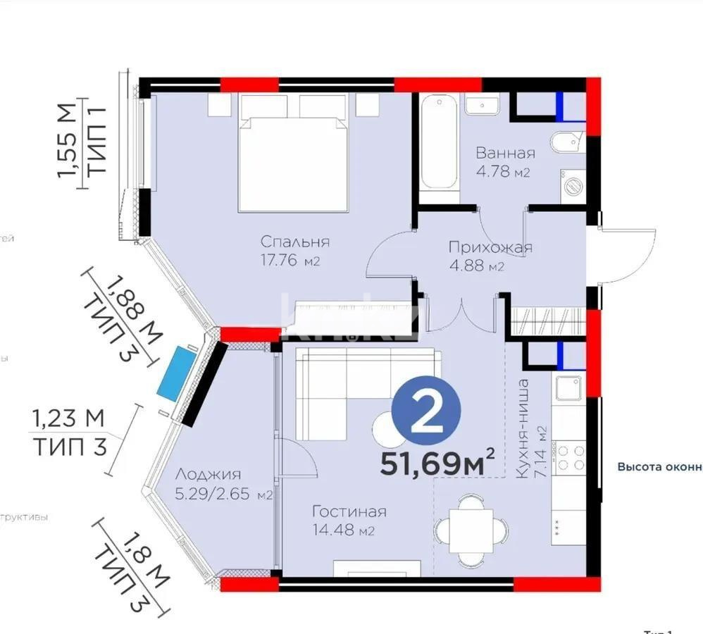 Продажа 2-комнатной квартиры, 51.69 м² в Астане - фото 2