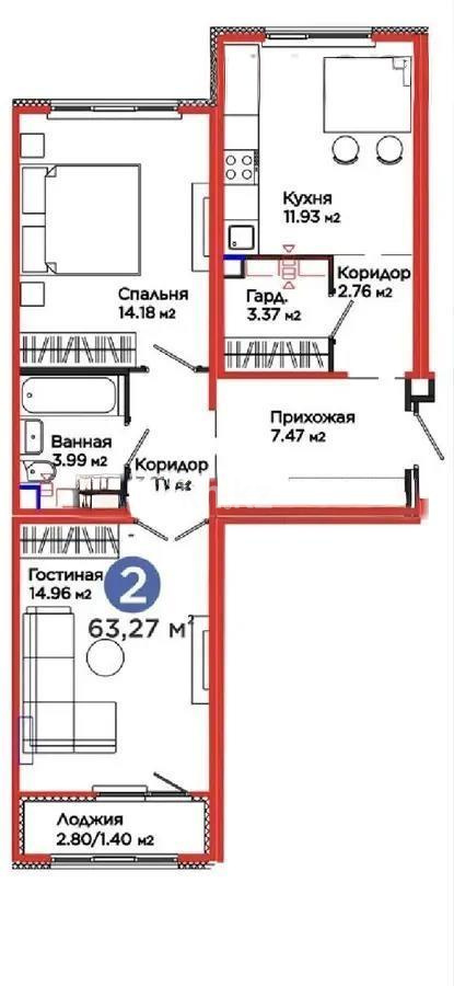 Продажа 2-комнатной квартиры, 63.27 м² в Астане
