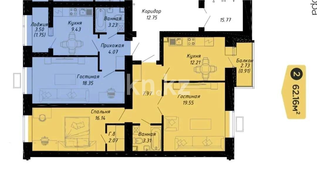 Продажа 2-комнатной квартиры, 62.16 м² в Астане