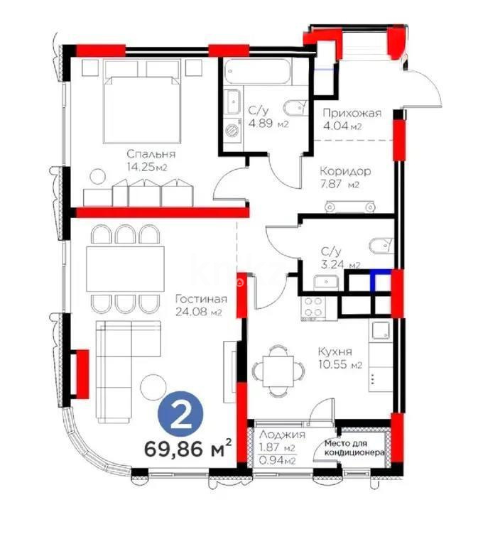Продажа 2-комнатной квартиры, 69.86 м² в Астане
