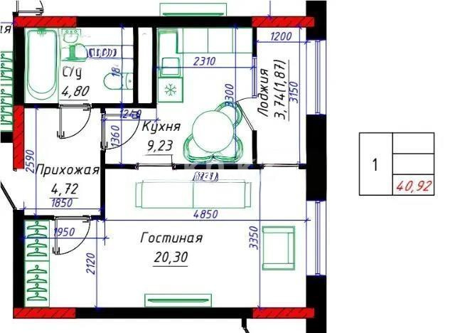 Продажа 1-комнатной квартиры, 41 м² в Астане