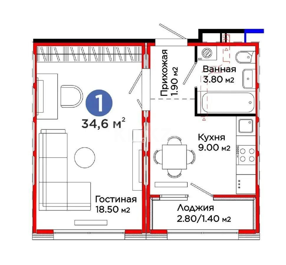 Продажа 1-комнатной квартиры, 34.6 м², пр. Аль-Фараби, дом  46/21 в Астане