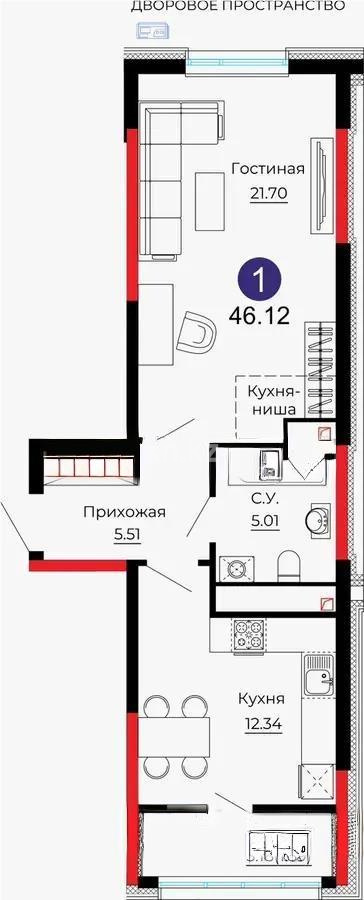 Продажа 1-комнатной квартиры, 46.12 м², ул. Е-429, дом  14 в Астане