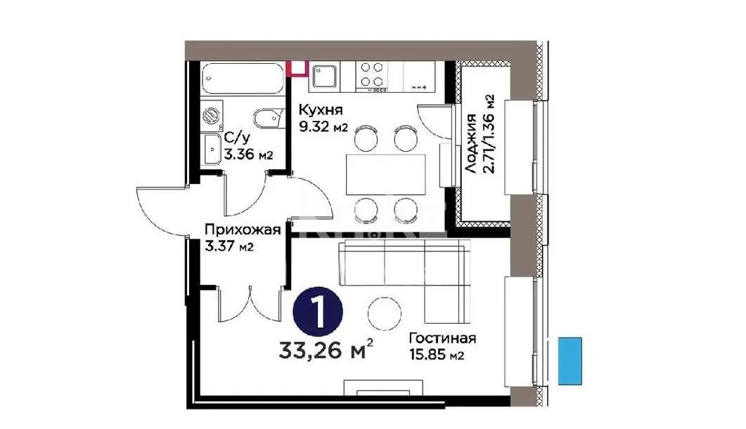 Продажа 1-комнатной квартиры, 33.26 м² в Астане