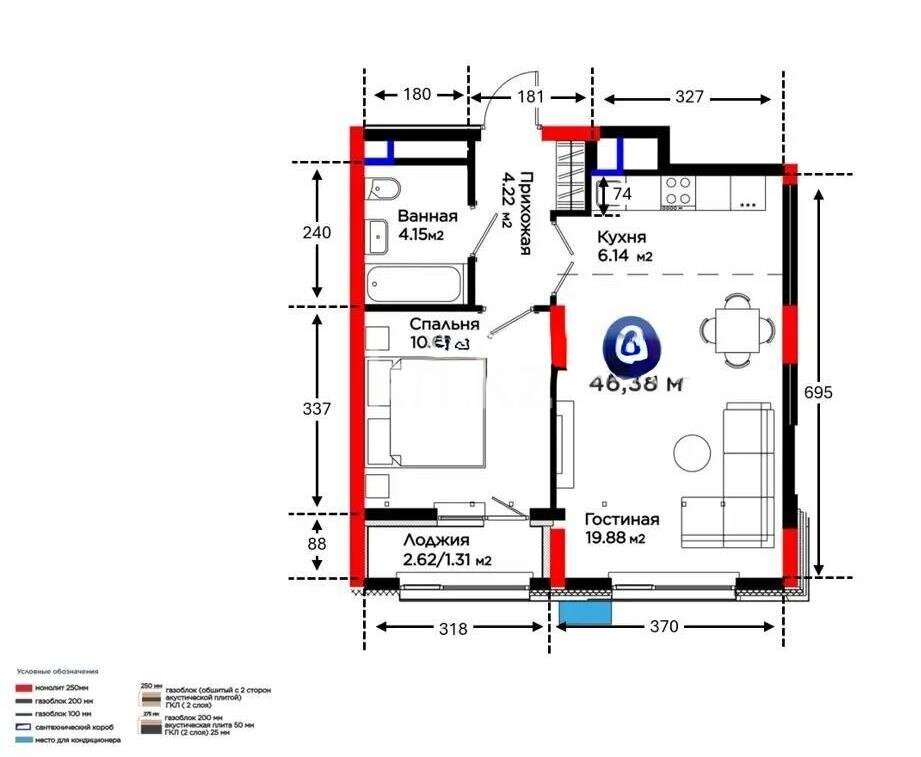Продажа 2-комнатной квартиры, 46.38 м² в Астане