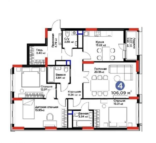 Продажа 4-комнатной квартиры, 107 м² в Астане