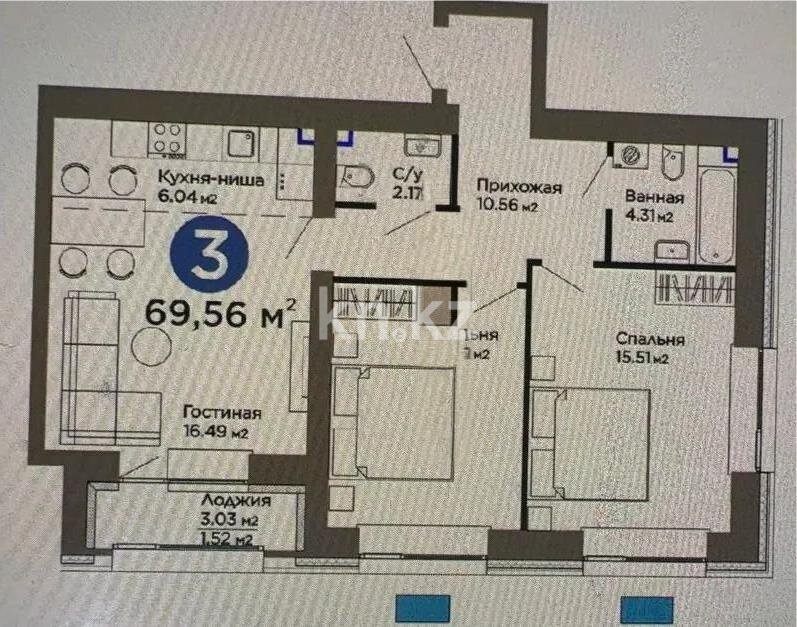 Продажа 3-комнатной квартиры, 69.56 м² в Астане