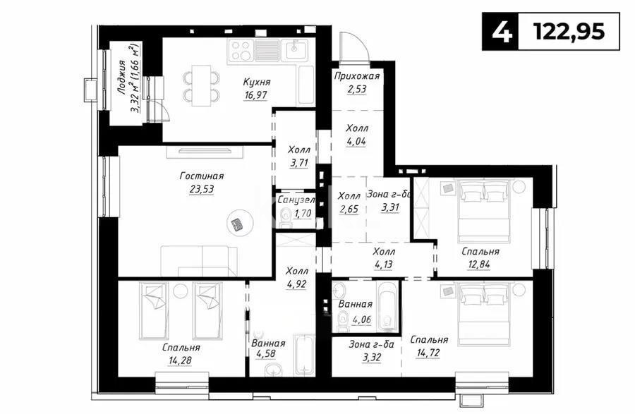 Продажа 4-комнатной квартиры, 122.95 м², ул. Калдаякова, дом  12 в Астане
