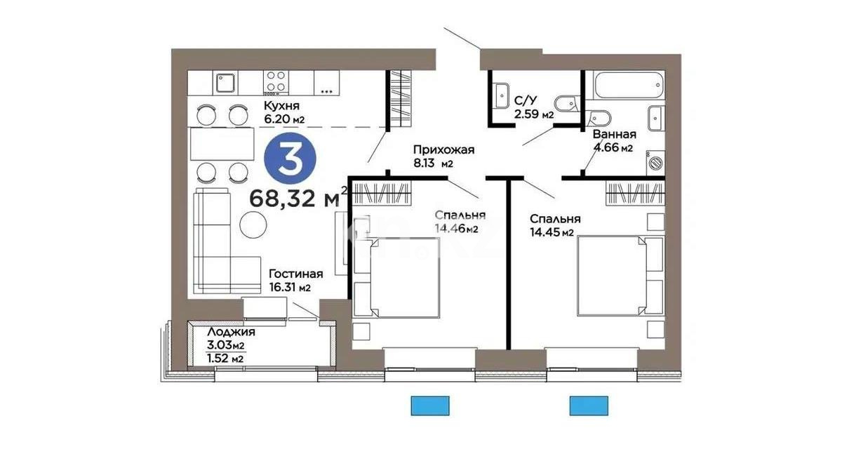 Продажа 3-комнатной квартиры, 68.3 м², ул. Рыскулова, дом  18/5 в Астане
