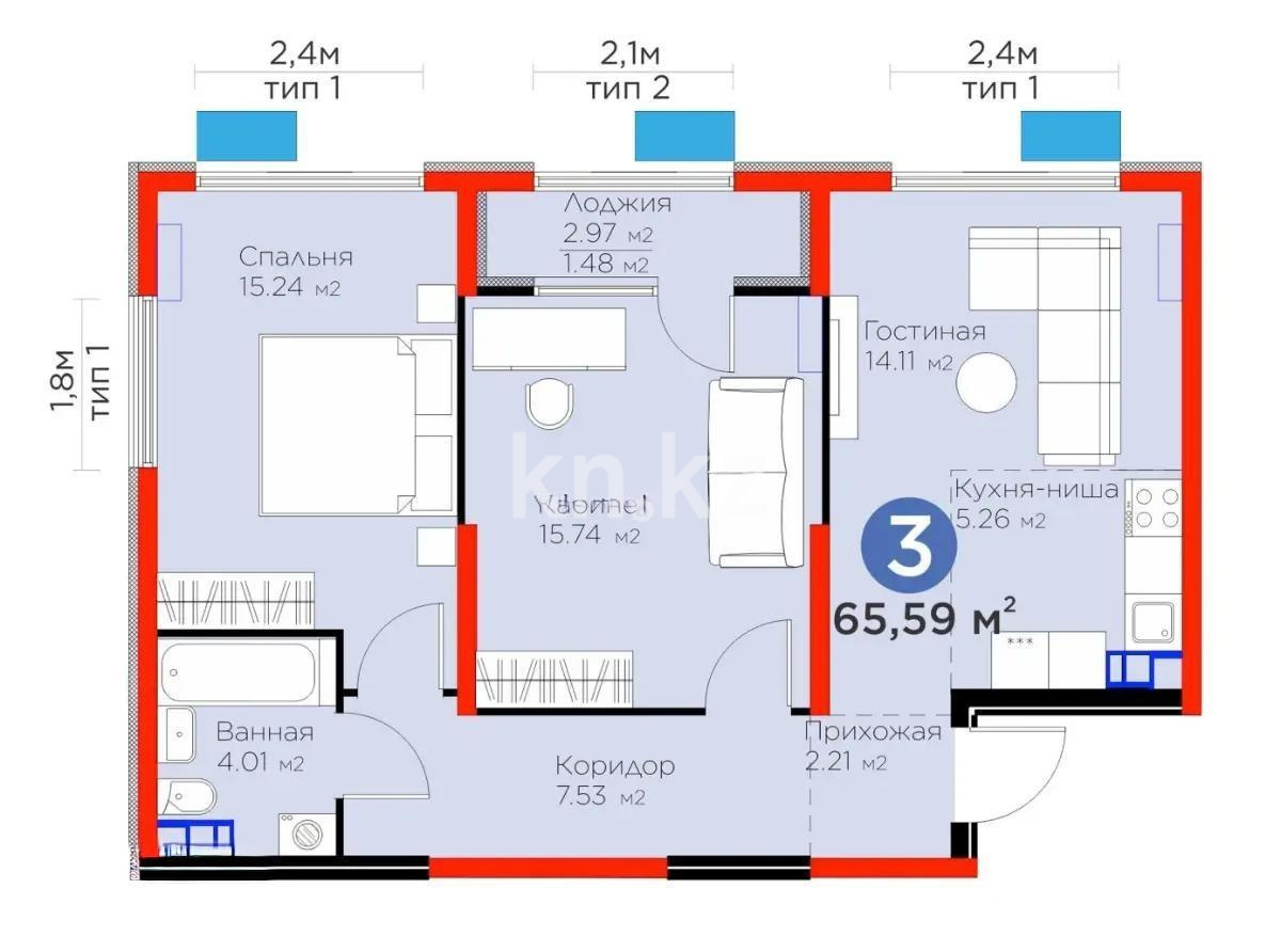 Продажа 3-комнатной квартиры, 65.59 м² в Алматы