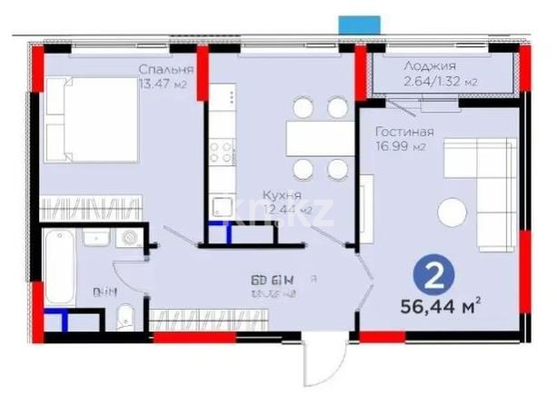 Продажа 2-комнатной квартиры, 56.44 м², ул. Рыскулова, дом  18/1 в Астане