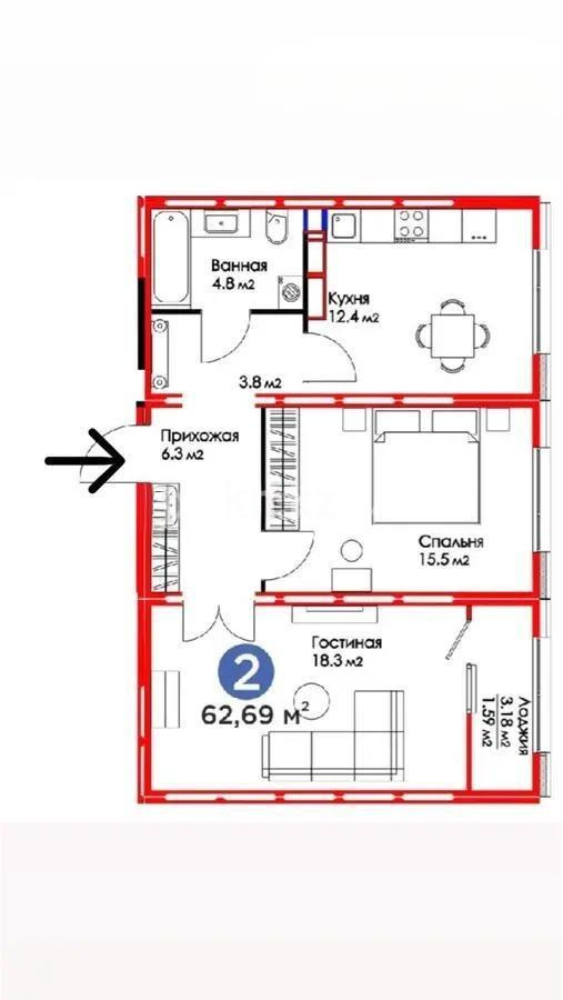 Продажа 2-комнатной квартиры, 62.69 м² в Астане - фото 5