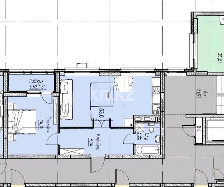 Продажа 2-комнатной квартиры, 52.3 м² в Астане