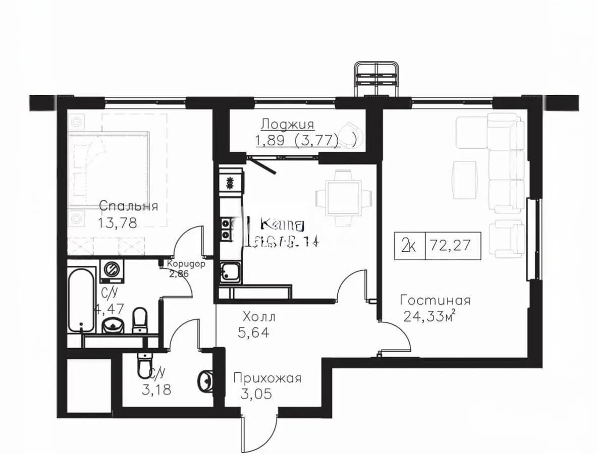 Продажа 2-комнатной квартиры, 71.64 м² в Астане