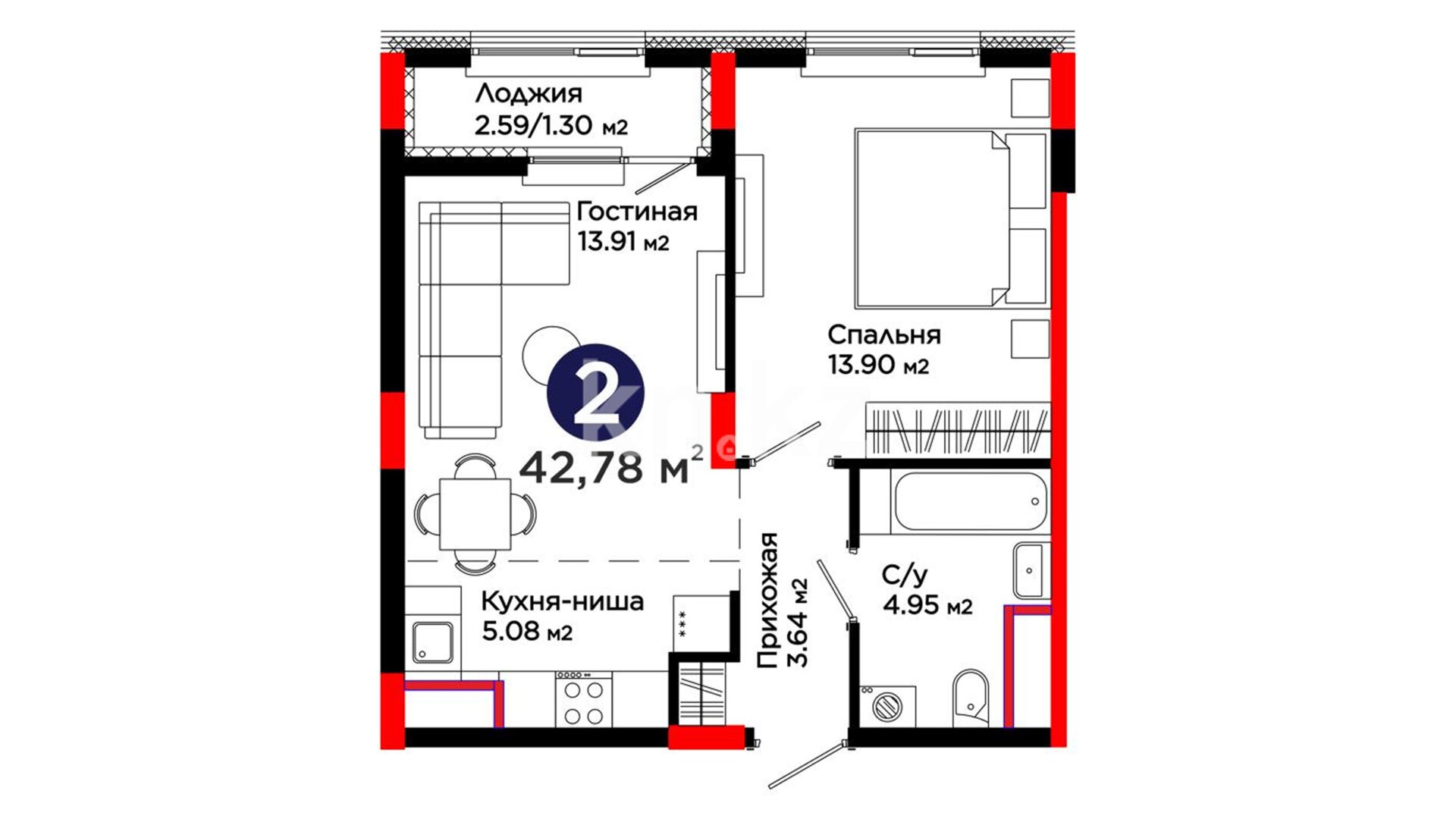 ЖК UIA. DARYN, 2-комнатная, цена 26 197 020 ₸, 618 000 ₸&nbsp;/&nbsp;м²