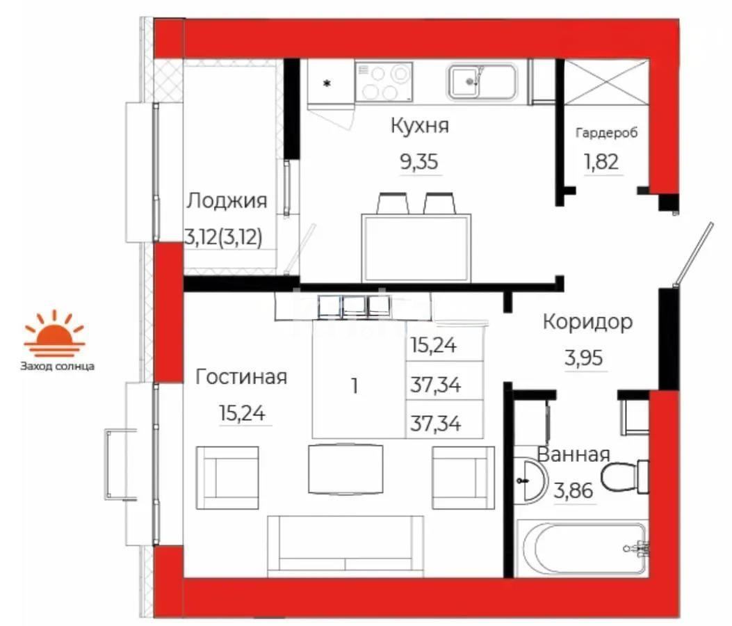 Продажа 1-комнатной квартиры, 37.34 м² в Астане
