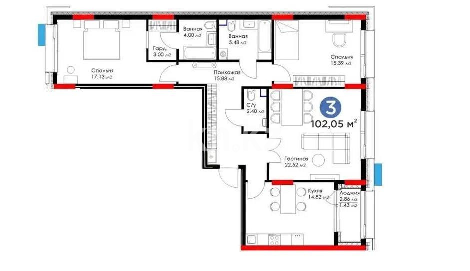 Продажа 3-комнатной квартиры, 102 м² в Астане