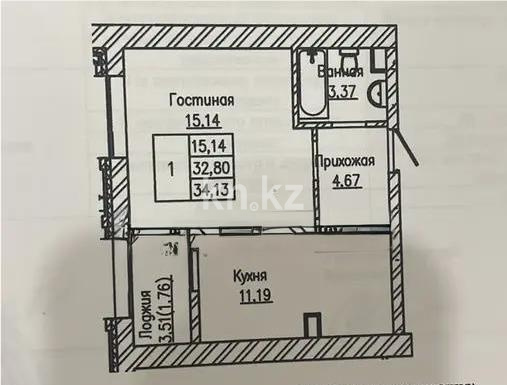 Продажа 1-комнатной квартиры, 34.38 м² в Астане