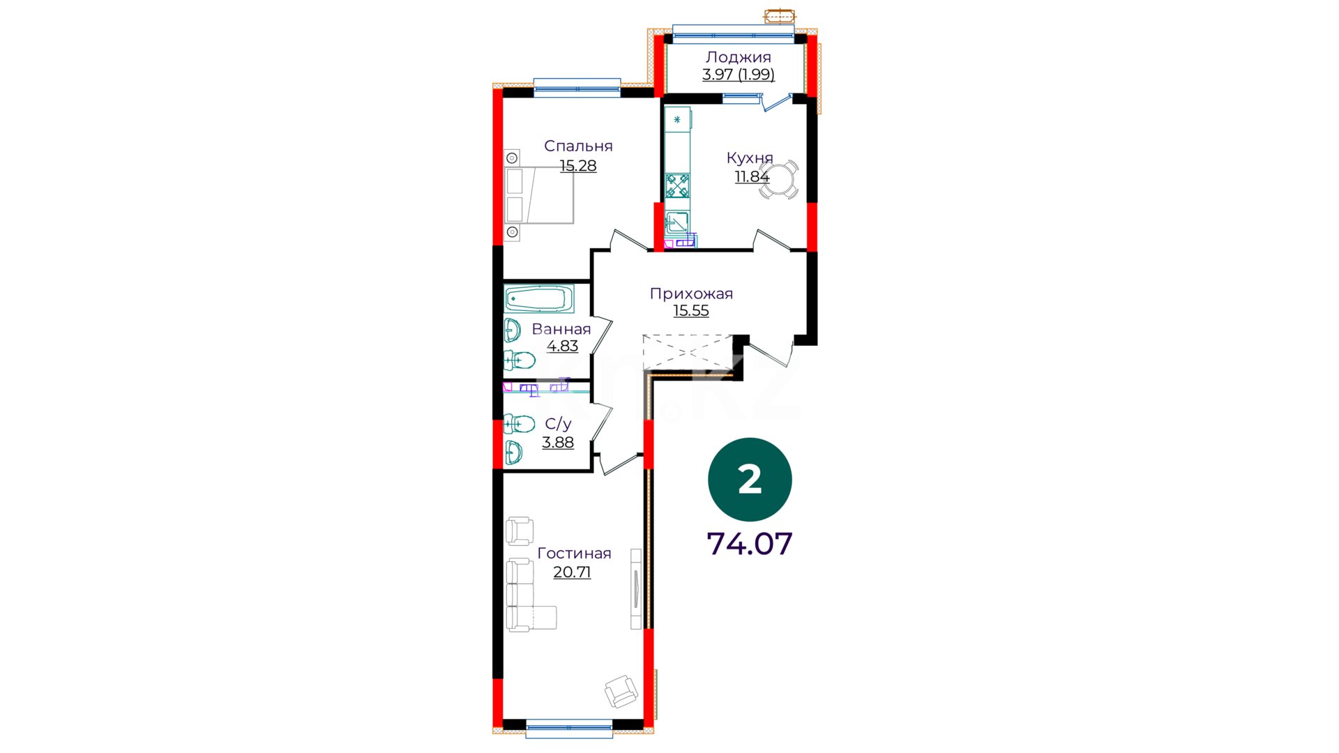 ЖК Abay Joly Avenue, 2-комнатная, цена 35 035 110 ₸, 473 000 ₸&nbsp;/&nbsp;м²
