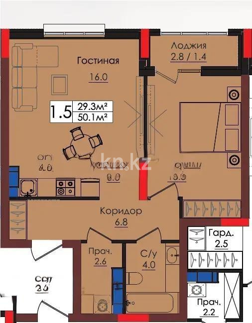 Продажа 2-комнатной квартиры, 50.1 м², пр. Тауелсыздык, дом  38/4 стр в Астане