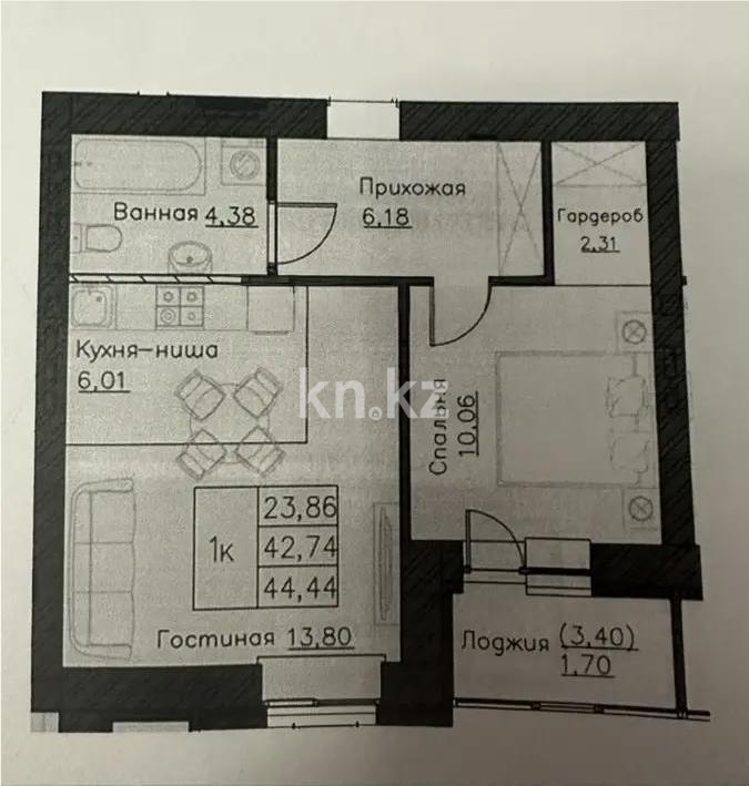 Продажа 2-комнатной квартиры, 44.44 м² в Астане