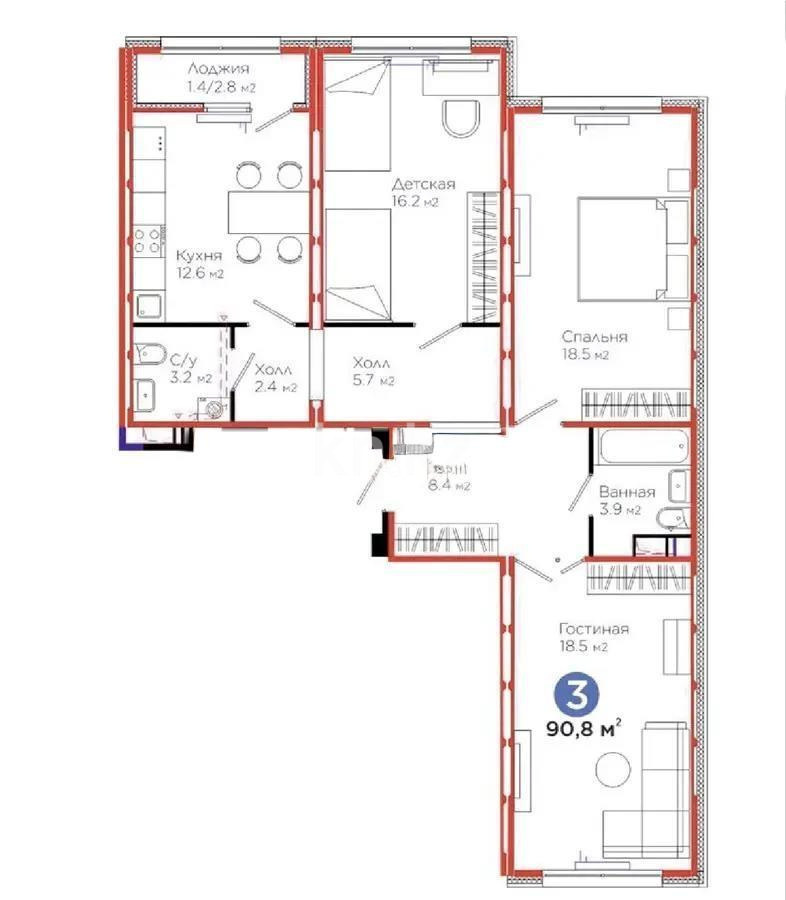 Продажа 3-комнатной квартиры, 90.8 м², ул. С-902, дом  8 в Астане