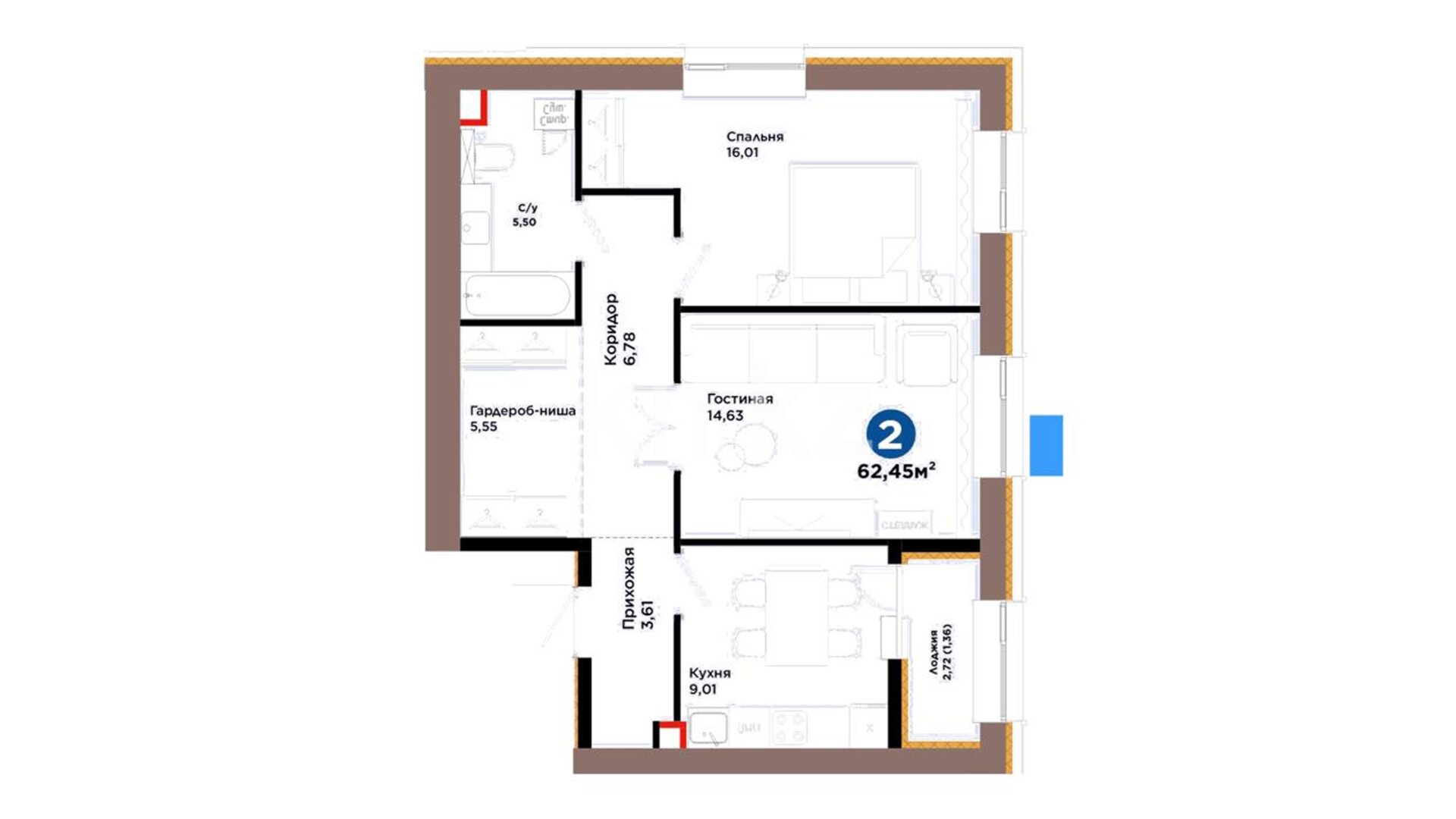 ЖК Arna Urpaq, 2-комнатная, цена 32 327 242 ₸, 517 650 ₸&nbsp;/&nbsp;м²