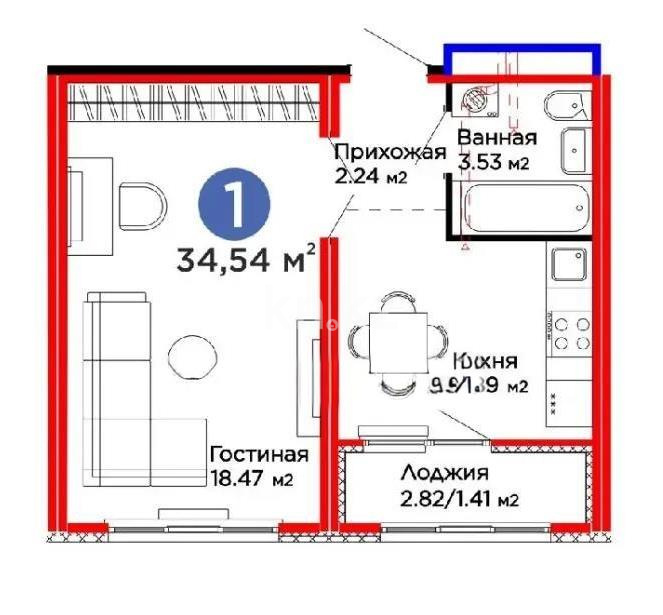 Продажа 1-комнатной квартиры, 34.54 м² в Астане