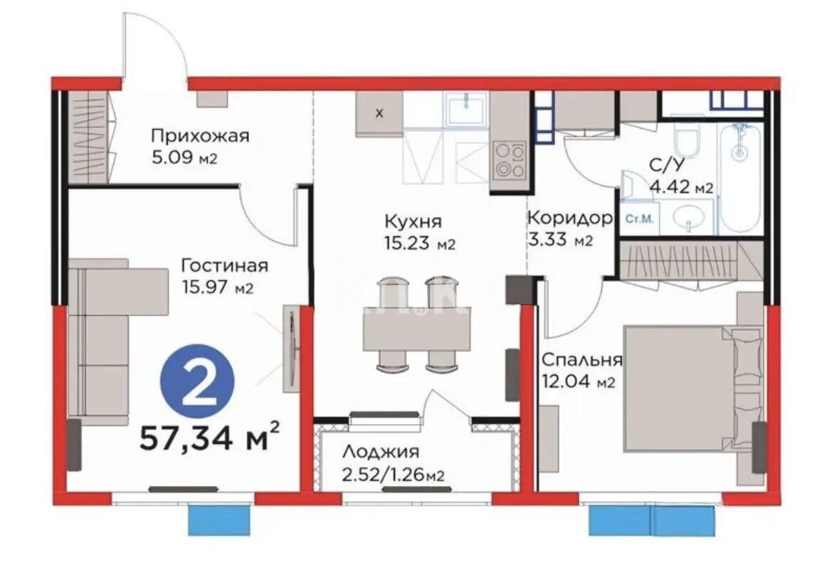 Продажа 2-комнатной квартиры, 57.34 м² в Алматы
