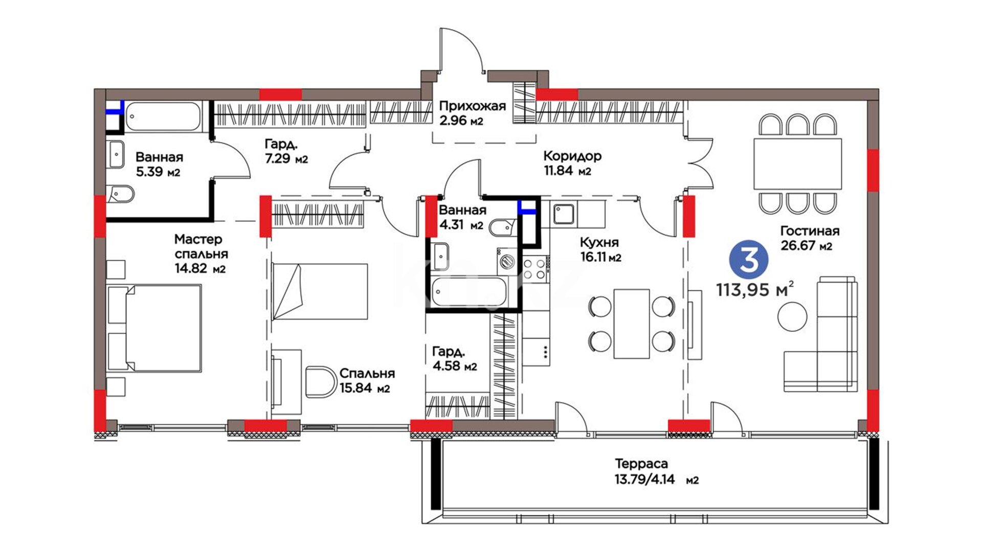ЖК Family Gardens, 3-комнатная, цена 120 707 235 ₸, 1 059 300 ₸&nbsp;/&nbsp;м²