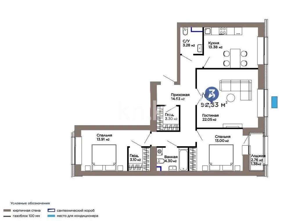 Продажа 3-комнатной квартиры, 93 м² в Астане