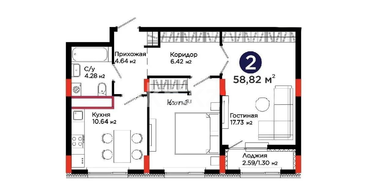 Продажа 2-комнатной квартиры, 60 м² в Астане
