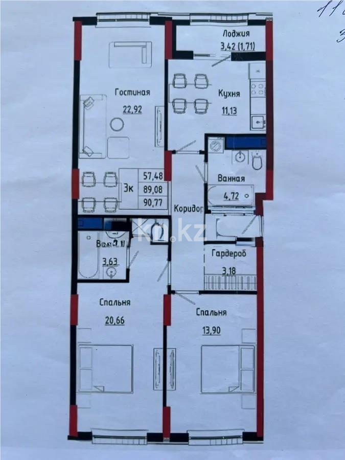 Продажа 3-комнатной квартиры, 90.77 м² в Астане