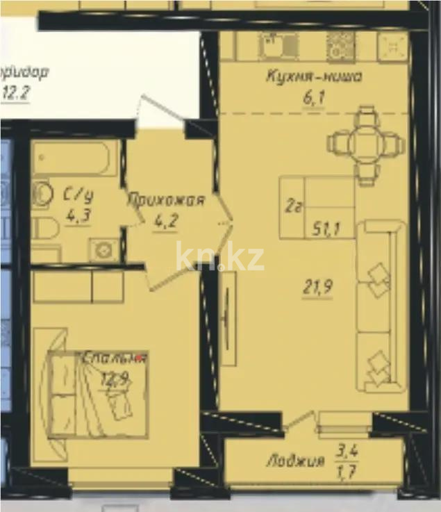 Продажа 2-комнатной квартиры, 51.1 м², ул. Толе би, дом  1 стр в Астане
