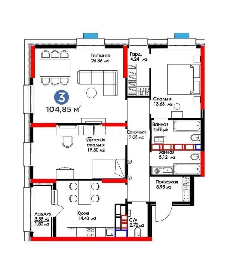 Продажа 3-комнатной квартиры, 102.8 м², ул. Рыскулова, дом  1 в Астане - фото 6