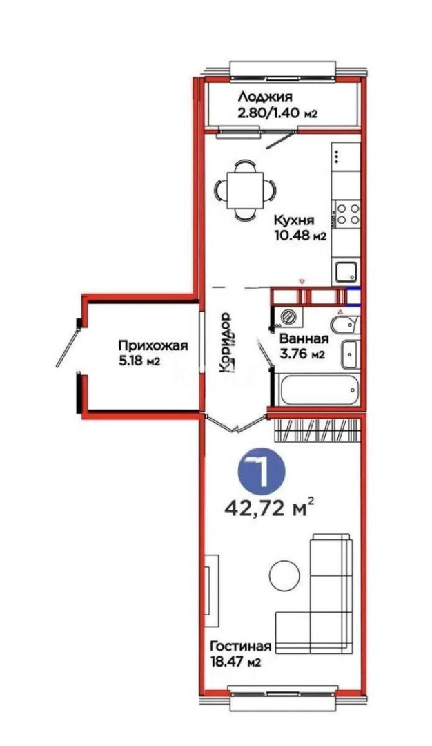 Продажа 1-комнатной квартиры, 42.72 м² в Астане