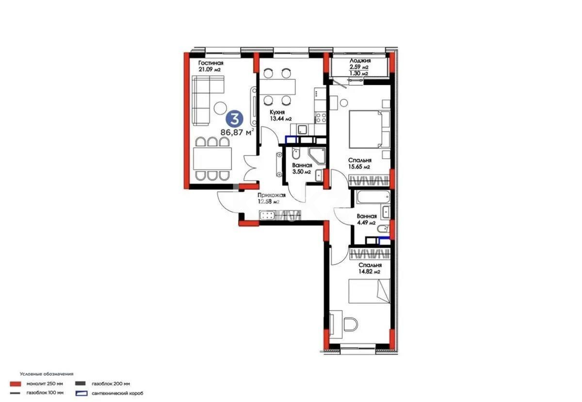 Продажа 3-комнатной квартиры, 86.87 м² в Астане