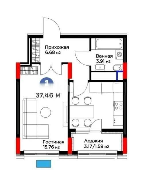 Продажа 1-комнатной квартиры, 37.45 м² в Астане