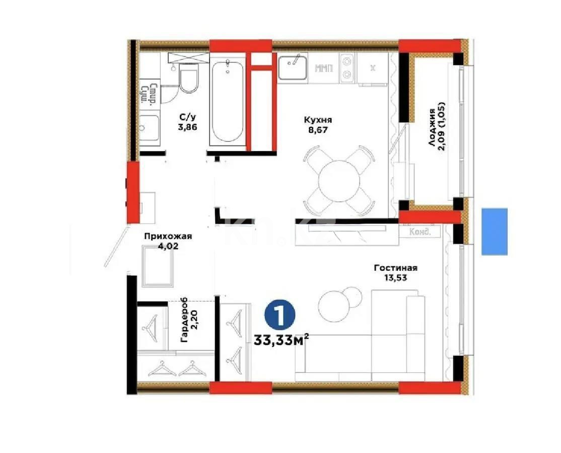 Продажа 1-комнатной квартиры, 33.33 м² в Астане