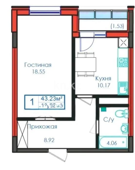 Продажа 1-комнатной квартиры, 43.23 м² в Астане