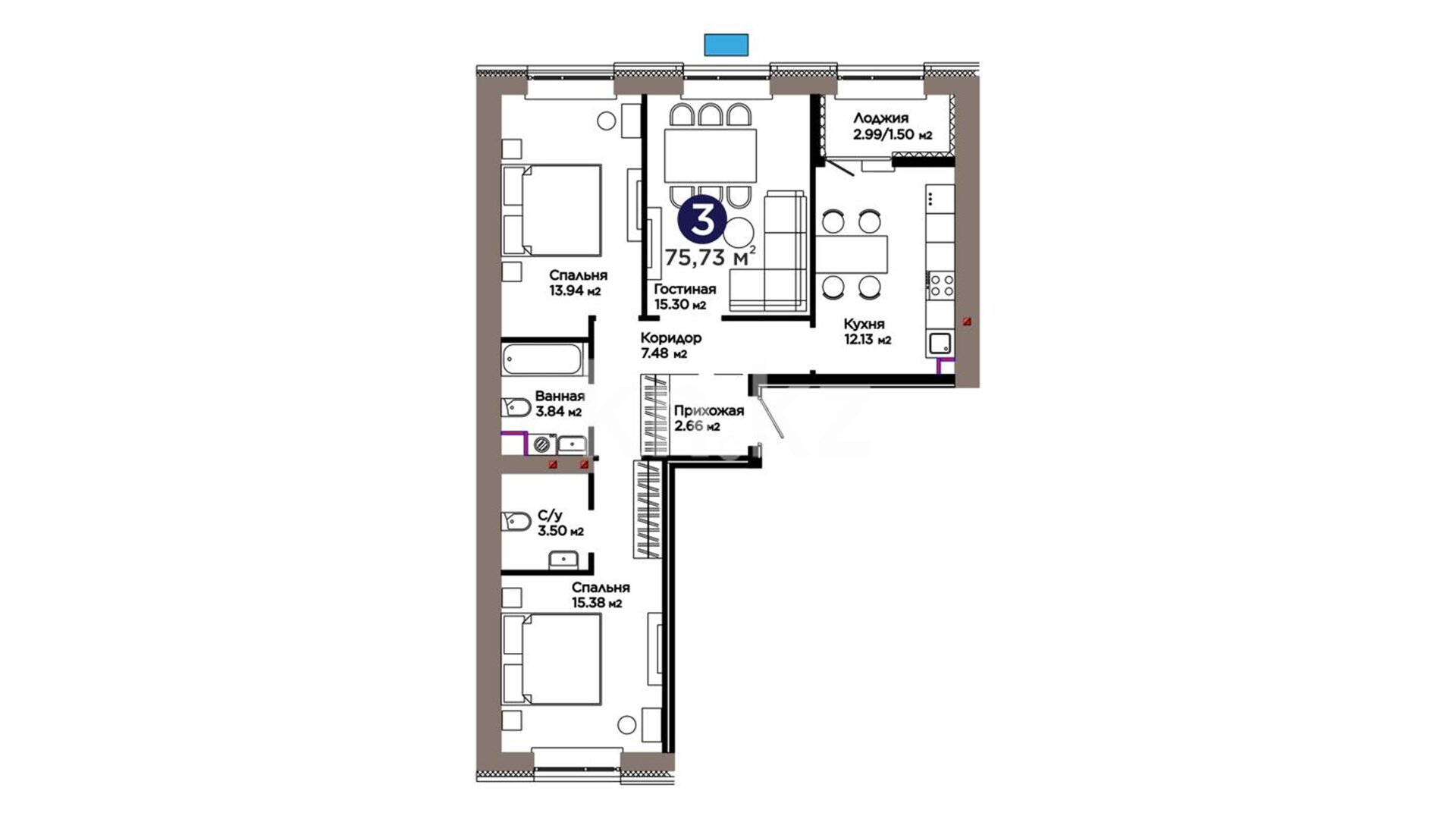 ЖК ŪIA. TARIH, 3-комнатная, цена 53 651 481 ₸, 708 458 ₸&nbsp;/&nbsp;м²